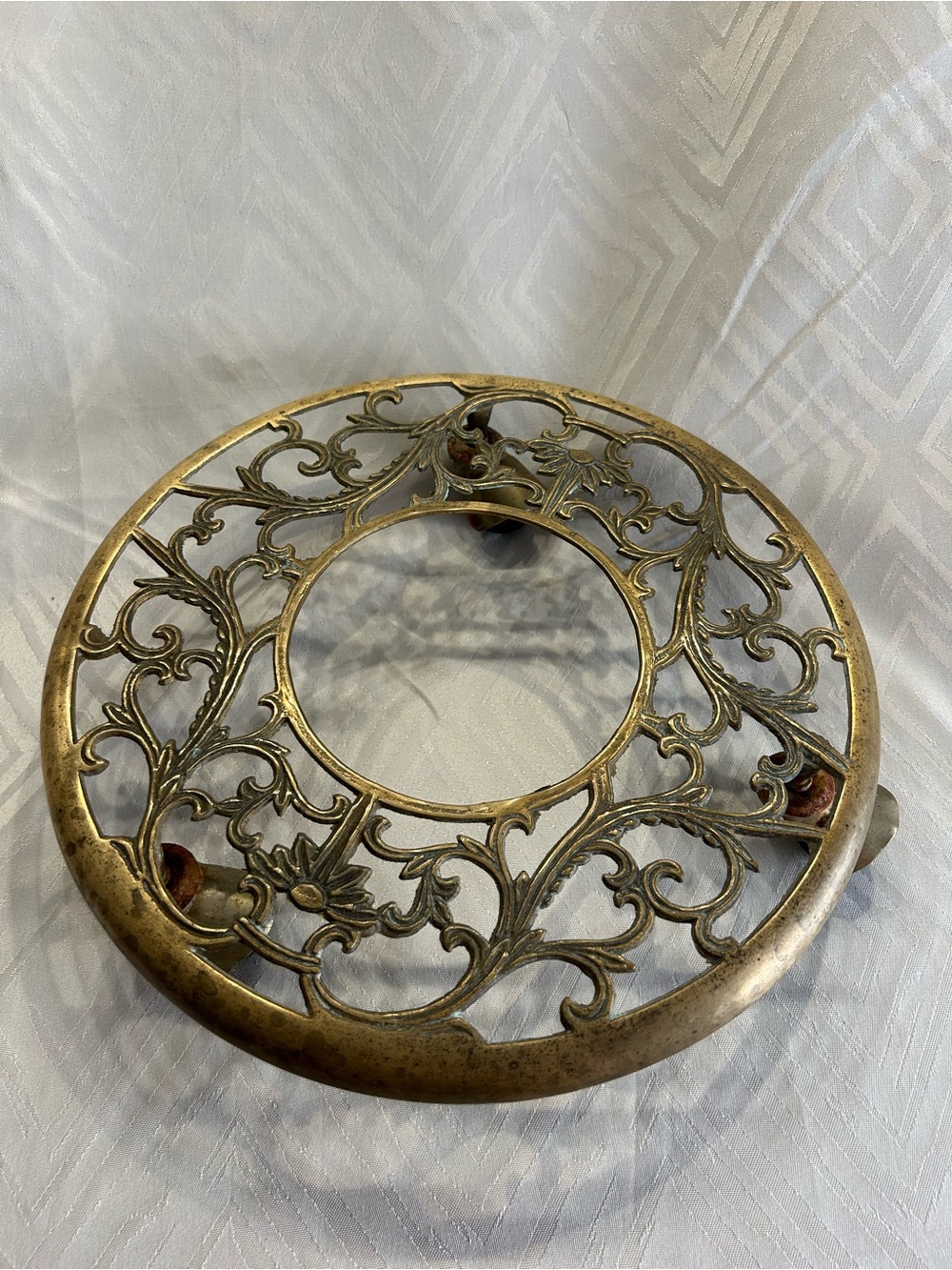 Vintage Brass Filigree Plant Stand with Wheels